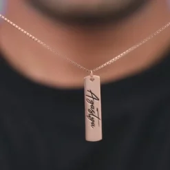 Rose Gold Personalised Vertical Bar Name Pendant with Box Chain For Him