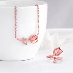 Rose Gold Pink Quartz Flower Set of Two