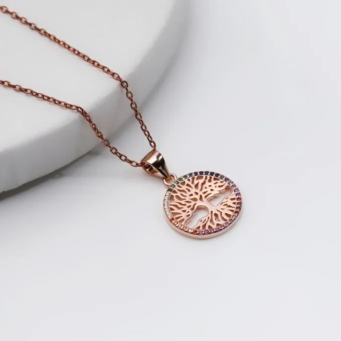 Rose Gold Rainbow Tree of Life Pendant with Link Chain