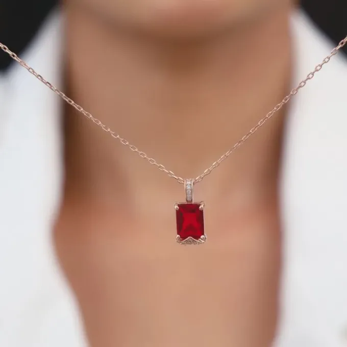 Rose Gold Red Baguette Pendant with Link Chain