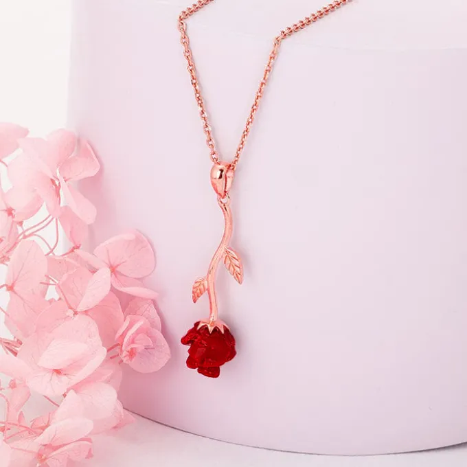 Rose Gold Red Rose Pendant with Link Chain