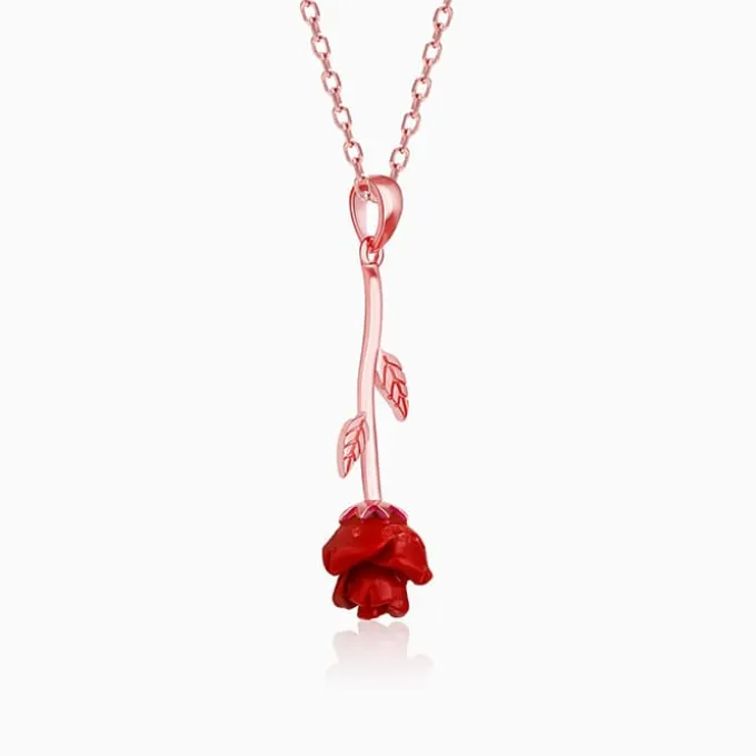 Rose Gold Red Rose Pendant with Link Chain