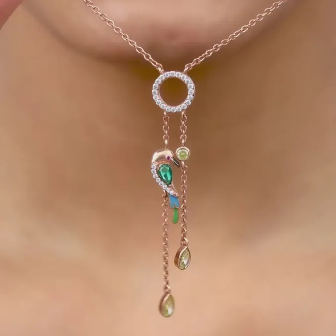 Rose Gold Swinging Bird Pendant with Link Chain