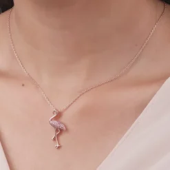 Rose Gold Zircon Flamingo Pendant with Link Chain