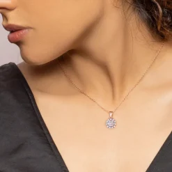 Rose Gold Zircon Flower Pendant With Link Chain