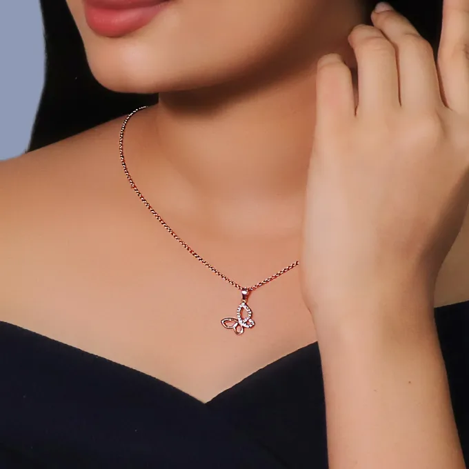 Rose Gold Zircon-Studded Butterfly Pendant With Link Chain