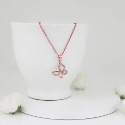 Rose Gold Zircon-Studded Butterfly Pendant With Link Chain