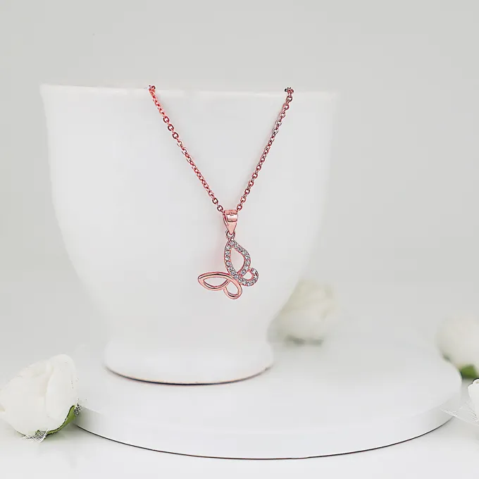 Rose Gold Zircon-Studded Butterfly Pendant With Link Chain