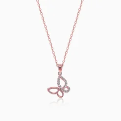 Rose Gold Zircon-Studded Butterfly Pendant With Link Chain