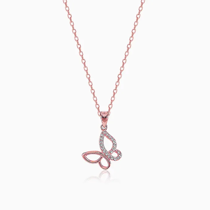 Rose Gold Zircon-Studded Butterfly Pendant With Link Chain