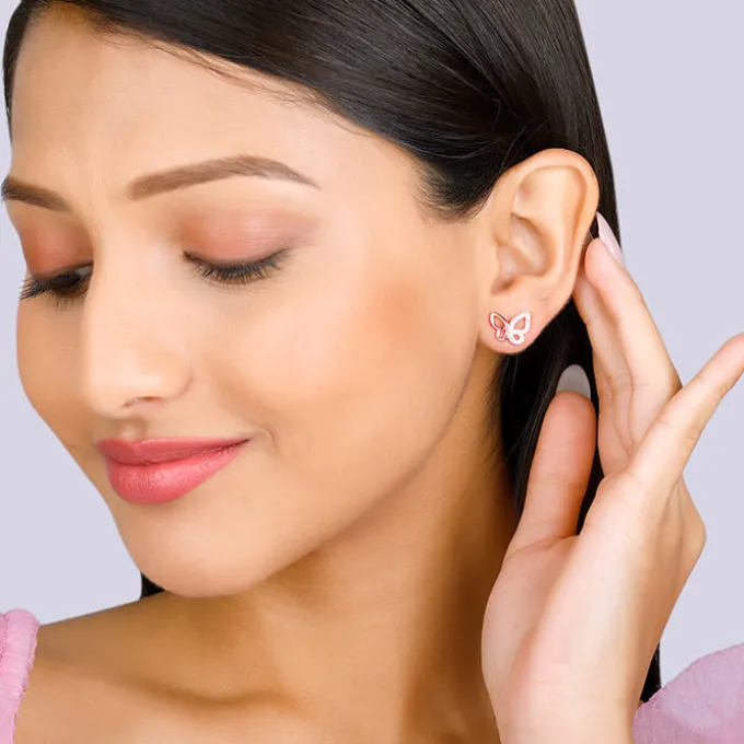 Rose Gold Zircon-Studded Butterfly Earrings