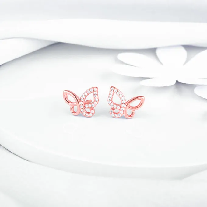 Rose Gold Zircon-Studded Butterfly Earrings