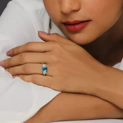 Silver Aqua Blue Baguette Ring