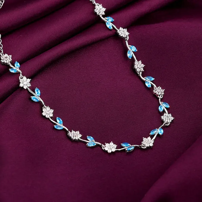 Silver Aqua Blue Floral Necklace