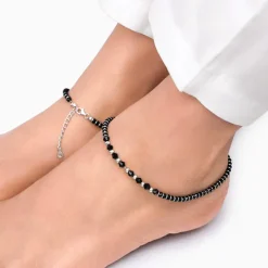 Silver Barefoot Black Beads Anklet