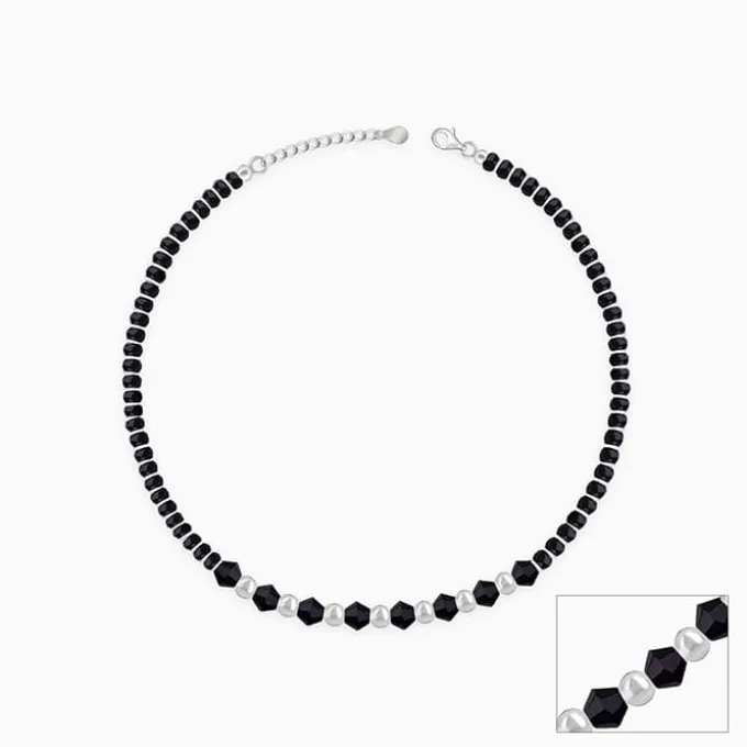 Silver Barefoot Black Beads Anklet