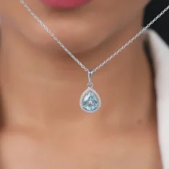 Silver Blue Topaz Pendant With Link Chain