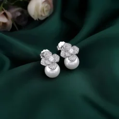 Silver Camellia Pearl Drop Earrings