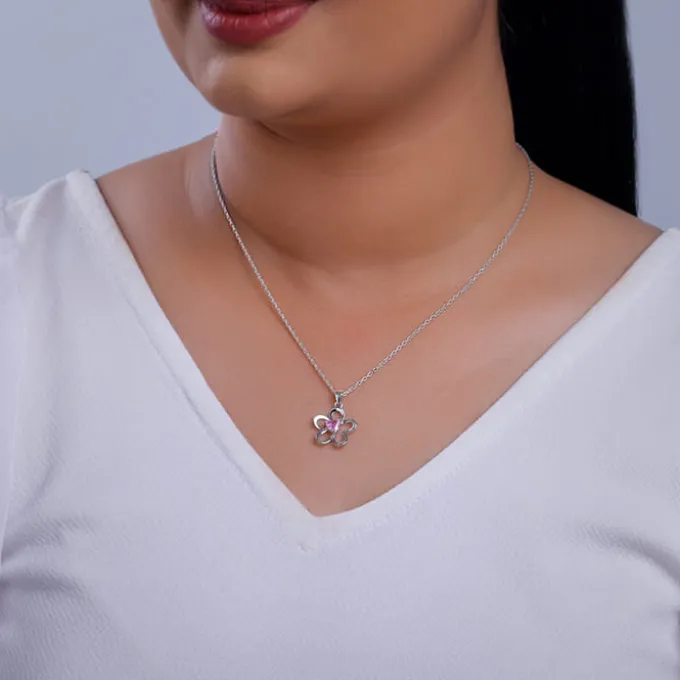 Silver Cherished Flower Pendant With Link Chain