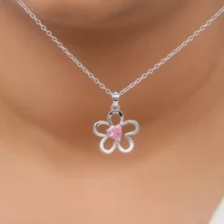 Silver Cherished Flower Pendant With Link Chain