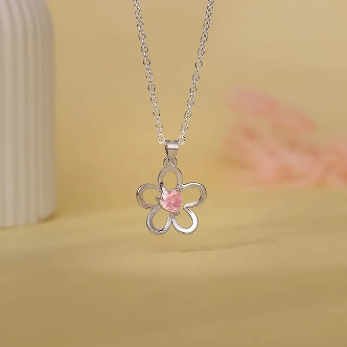 Silver Cherished Flower Pendant With Link Chain