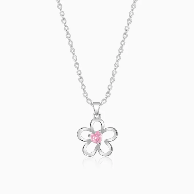 Silver Cherished Flower Pendant With Link Chain
