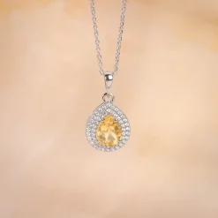 Silver Citrine Drop Pendant With Link Chain