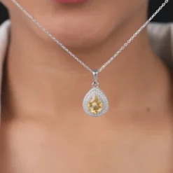 Silver Citrine Drop Pendant With Link Chain