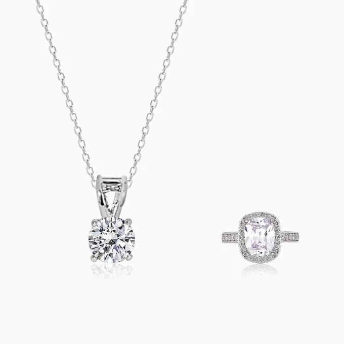 Silver Classic Solitaire Pendant & Ring Set