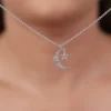 Silver Crescent Moon Star Pendant with Link Chain