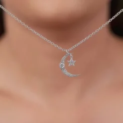 Silver Crescent Moon Star Pendant with Link Chain