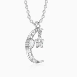 Silver Crescent Moon Star Pendant with Link Chain