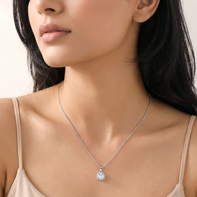 Silver Cushion Halo Pendant With Link Chain