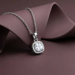 Silver Cushion Halo Pendant With Link Chain