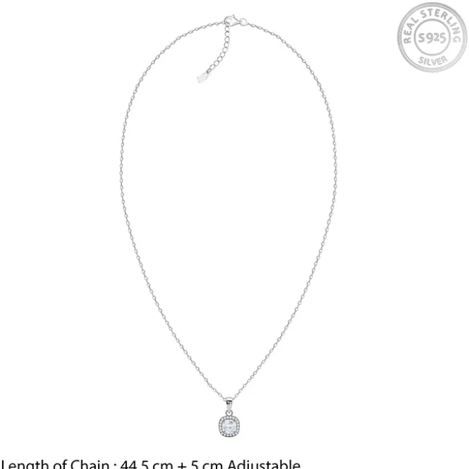 Silver Cushion Halo Pendant With Link Chain
