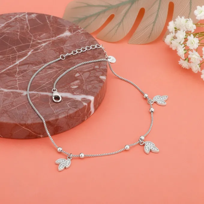 Silver Dangling Triple Leaf Charm Anklet