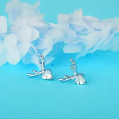 Silver Deer Heart Stud Earrings