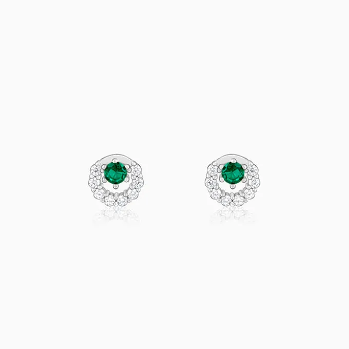 Silver Emerald Green Halo Stud Earrings