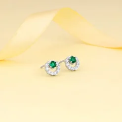 Silver Emerald Green Halo Stud Earrings