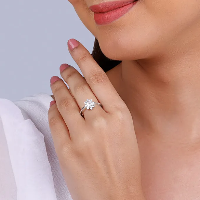 Silver Floral Ellipse Ring