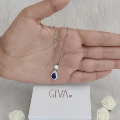 Silver Floral Royal Blue Drop Pendant