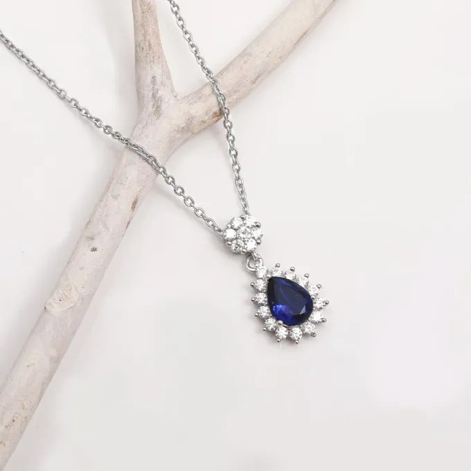 Silver Floral Royal Blue Drop Pendant