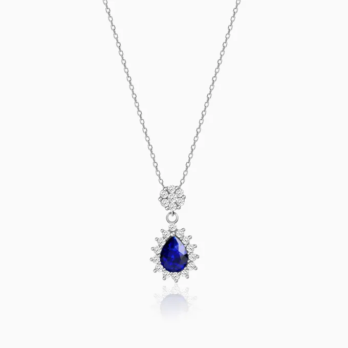 Silver Floral Royal Blue Drop Pendant
