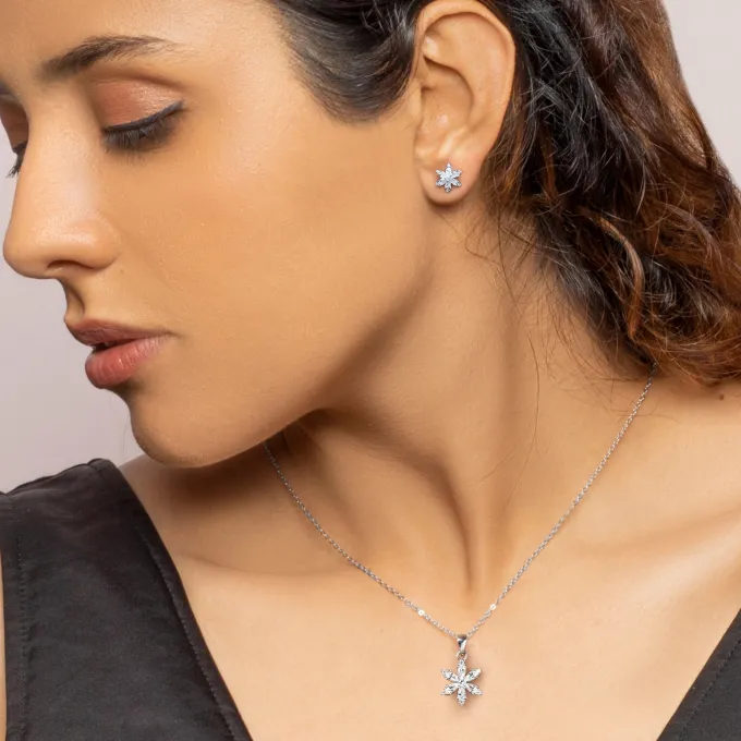 Silver Flowery Snowflake Pendant Set