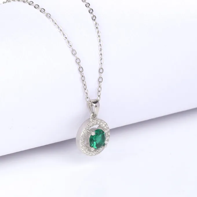 Silver Forest Green Shining Halo Pendant With Link Chain