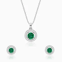 Silver Forest Green Shining Halo Pendant Set