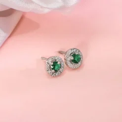 Silver Forest Green Shining Halo Studs