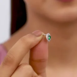 Silver Forest Green Shining Halo Studs
