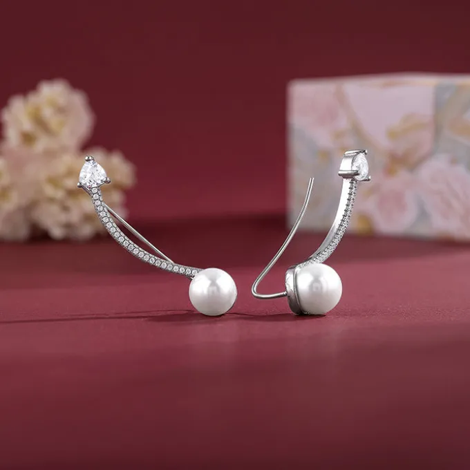 Silver Gina Pearl Climber Earrings