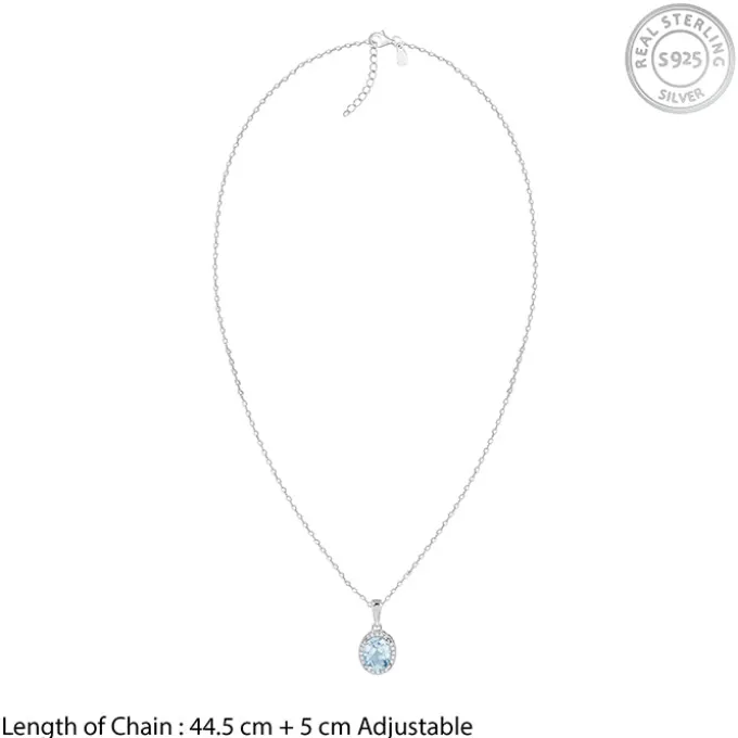 Silver Halo Blue Topaz Pendant With Link Chain